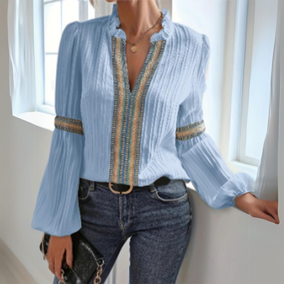 Hélène™ - Boho Blus i Chiffong med Långa Ärmar