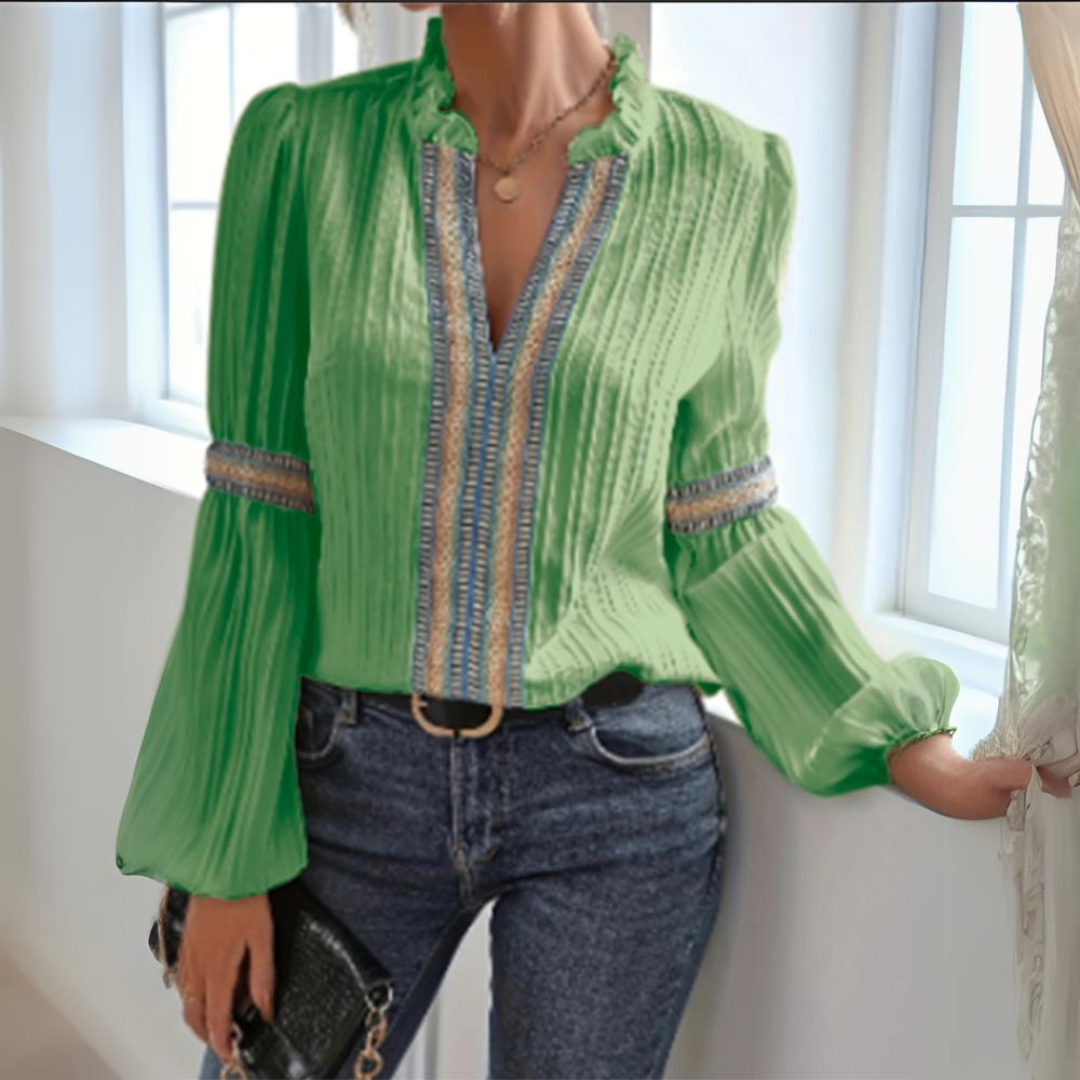 Hélène™ - Boho Blus i Chiffong med Långa Ärmar