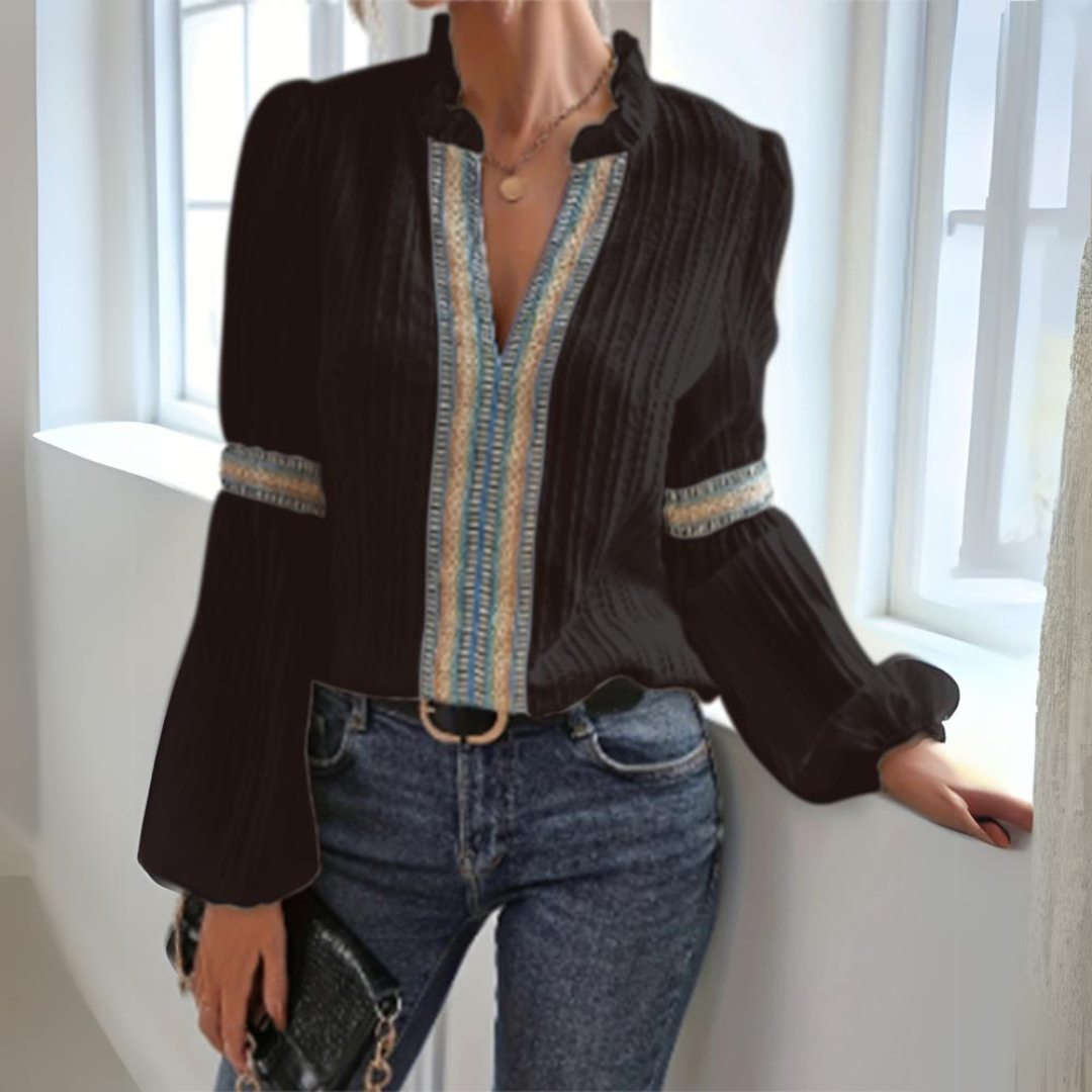 Hélène™ - Boho Blus i Chiffong med Långa Ärmar