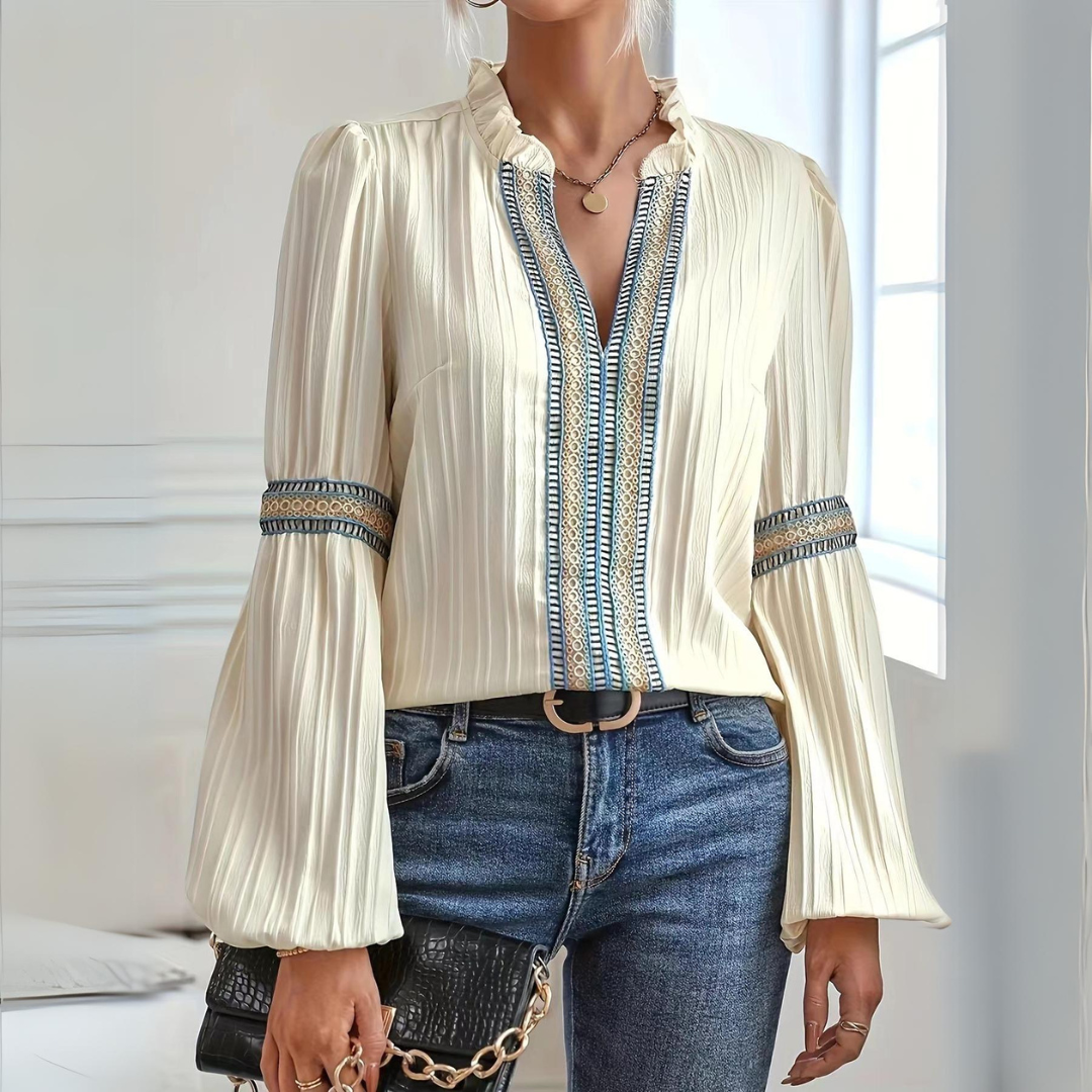 Hélène™ - Boho Blus i Chiffong med Långa Ärmar